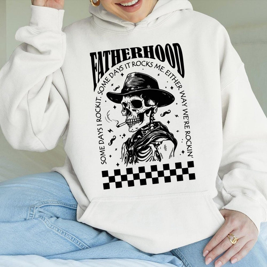Fatherhood Hoodie | Cowboy Skeleton Rockin' Dad Graphic | Premium Cotton Blend | Funny Birthday Gift For New Dad, Retro Western Dad Life Apparel