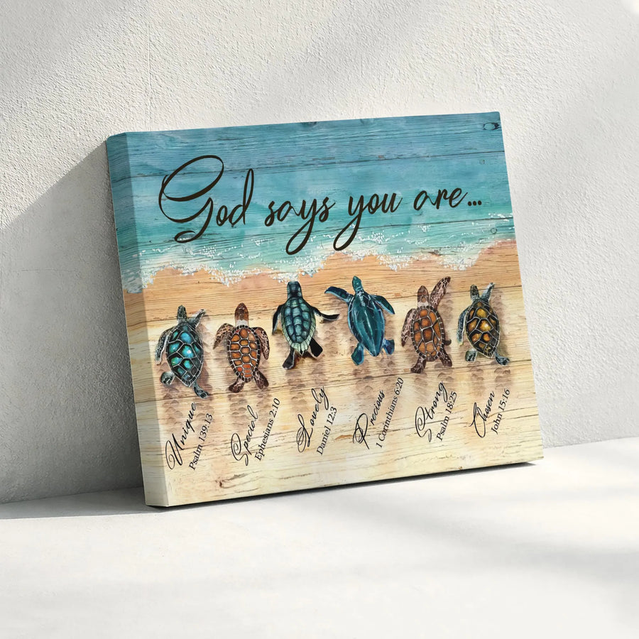 Christian Sea Turtle Canvas Wall Art | God Says You Are Bible Verse Scripture | Premium Canvas Print | Inspirational Faith Based Home Decor Gift
