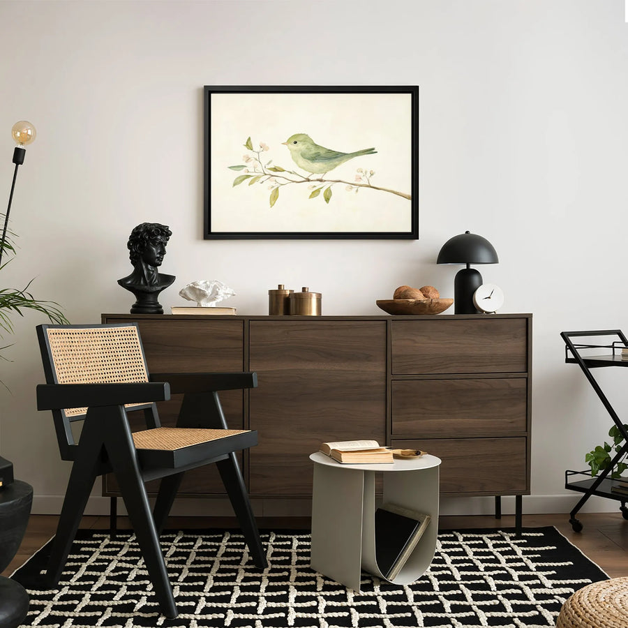Watercolor Green Bird Canvas Art | Minimalist Flowering Branch Print | Premium Gallery-Wrapped Wall Decor | Nature-Inspired Gift for Bird Lovers