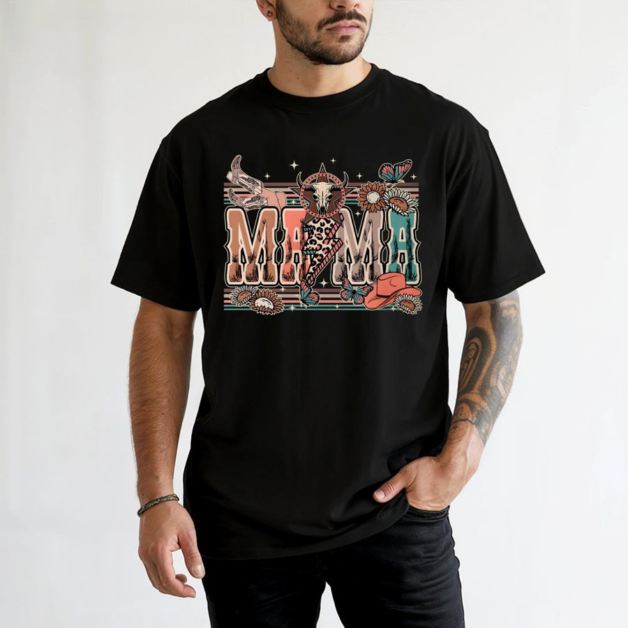 Western Mama T-Shirt | Boho Cow Skull & Leopard Print Graphic | Premium 100% Cotton | Perfect Gift for Mom