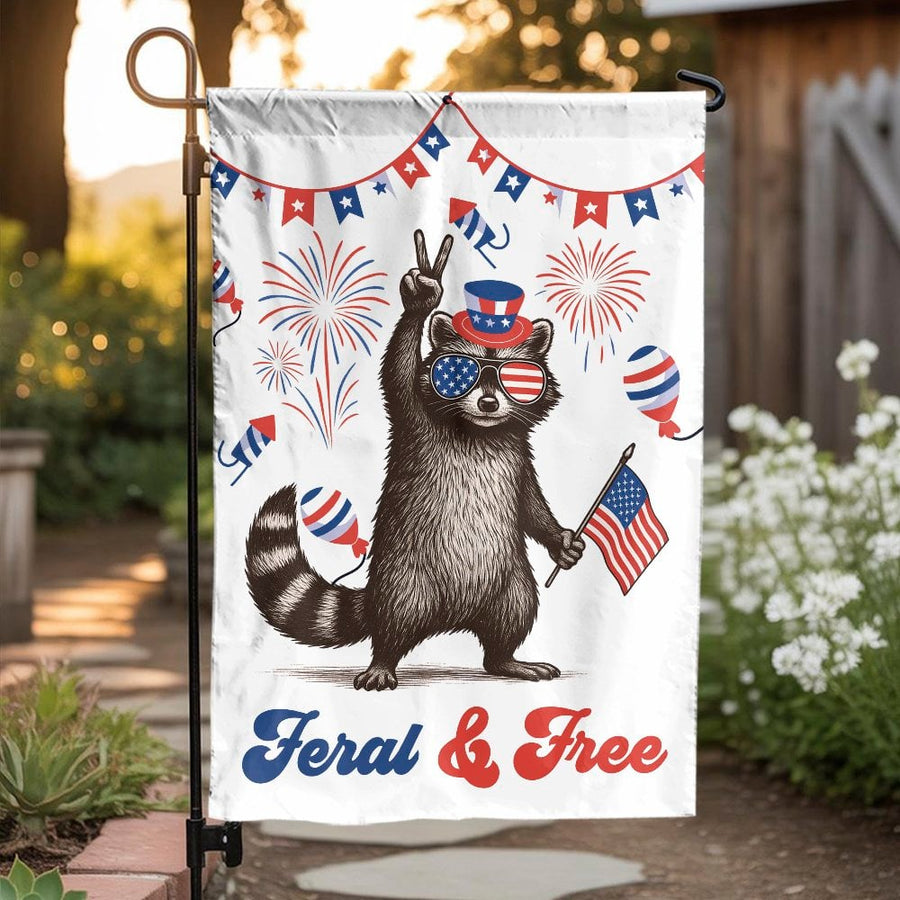 Patriotic Raccoon Garden Flag | Feral & Free Fourth of July Decor | Premium Weather-Resistant Polyester | Independence Day Yard Sign Gift