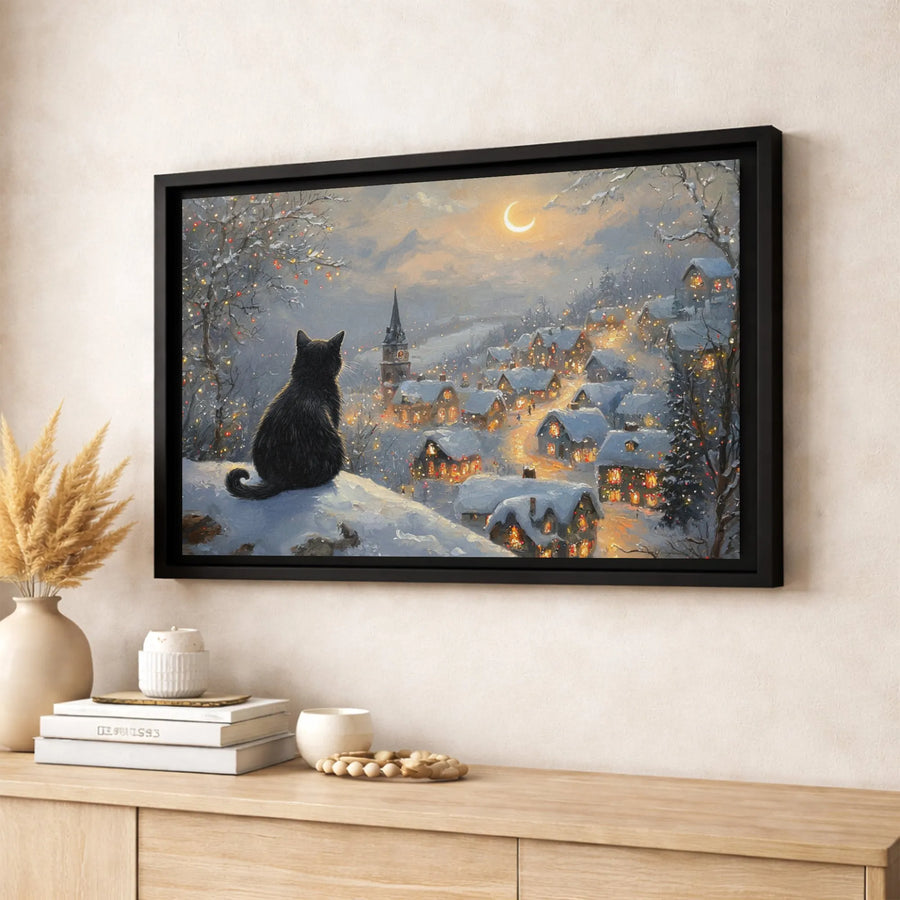 Black Cat Snowy Christmas Village Canvas | Winter Night Holiday Art Print | Gallery-Quality 1.25" Profile | Cozy Festive Wall Decor Gift