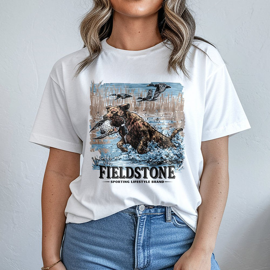 Fieldstone Hunting Dog T-Shirt | Duck Retrieval Wildlife Graphic | Premium Cotton Unisex Tee | Gift for Outdoorsmen and Waterfowl Hunters