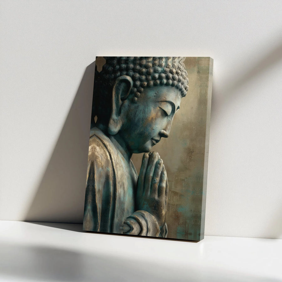 Buddha Wall Art Canvas Print | Vintage Praying Buddha Statue with Patina Finish | Premium 1.25" Thick Gallery Wrapped | Zen Decor Gift for Meditation Room