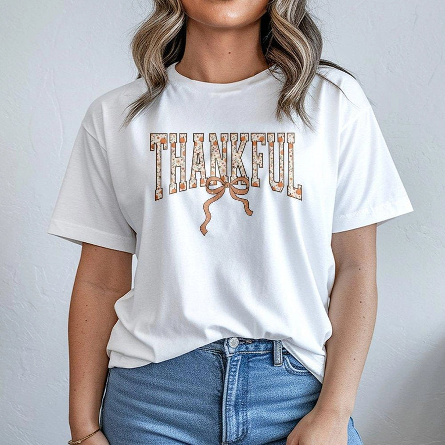 Thankful Pumpkin T-Shirt | Fall Floral Bow Graphic Design | Premium Cotton Seasonal Tee | Thanksgiving Gift for Women