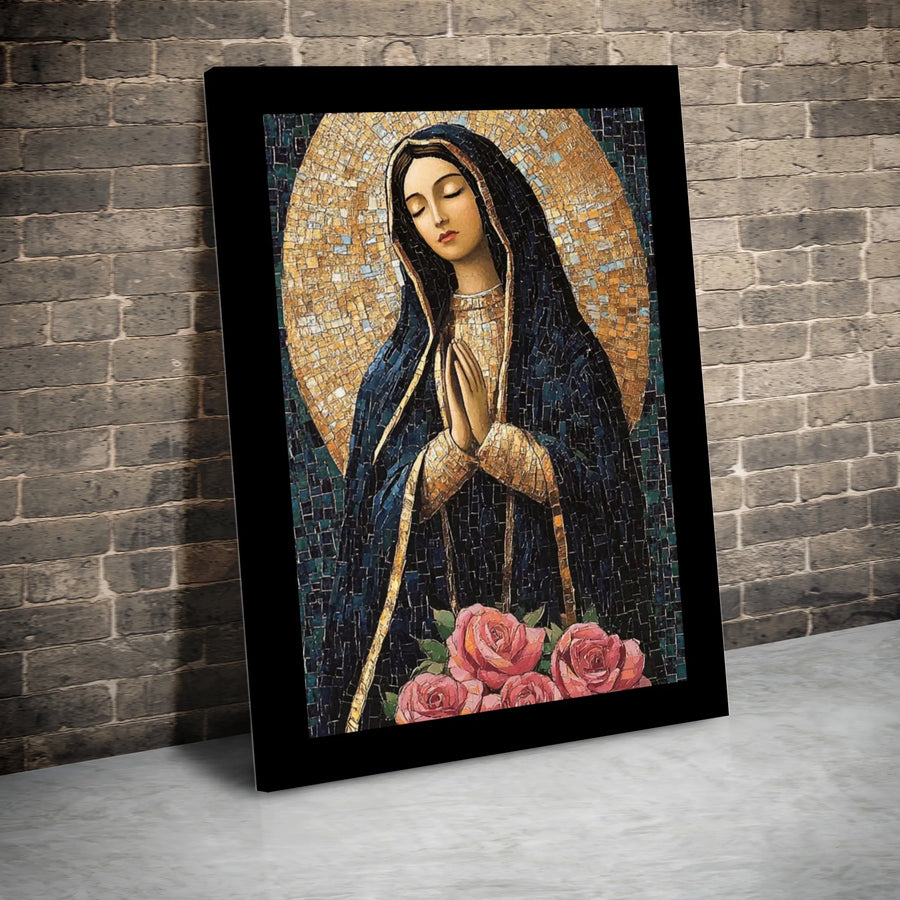 Virgin Mary Wall Art | Religious Mosaic Style Portrait with Roses | Premium Gallery Wrapped Canvas | Catholic Home Decor Gift for Faith