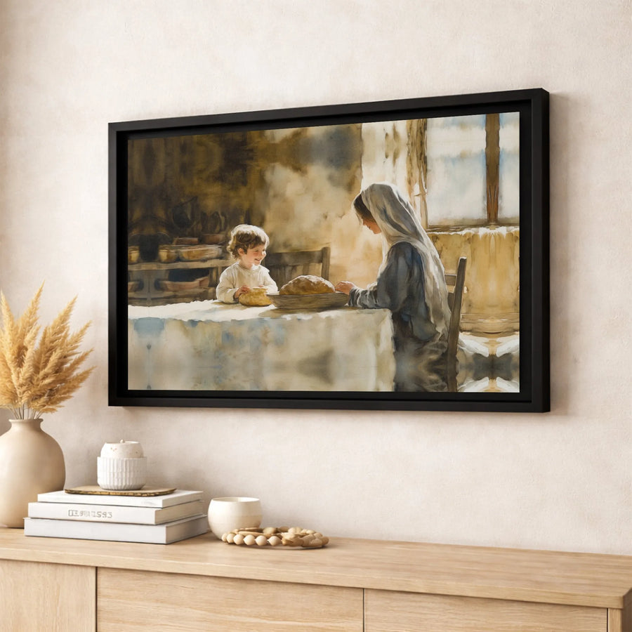 Jesus and Mary Breaking Bread Canvas Art | Watercolor Religious Wall Decor | Premium 1.25-inch Gallery Wrap | Catholic Home Gift