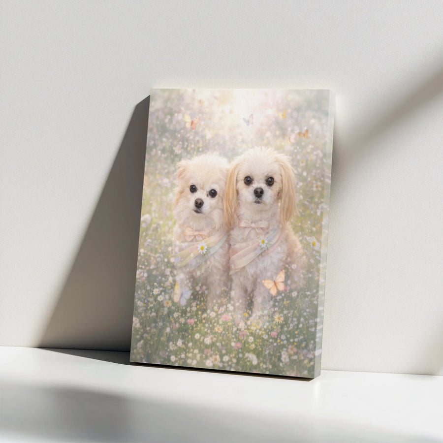 Cute Dogs Canvas Wall Art | Two Fluffy Puppies in Flower Meadow | Premium Thick Gallery Wrap | Gift for Dog Lover