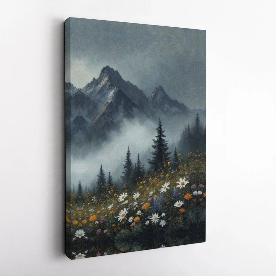 Misty Mountain Landscape Canvas Art | Wildflower Meadow Print | Premium 1.25-Inch Gallery Wrap | Nature Wall Decor For Home Office