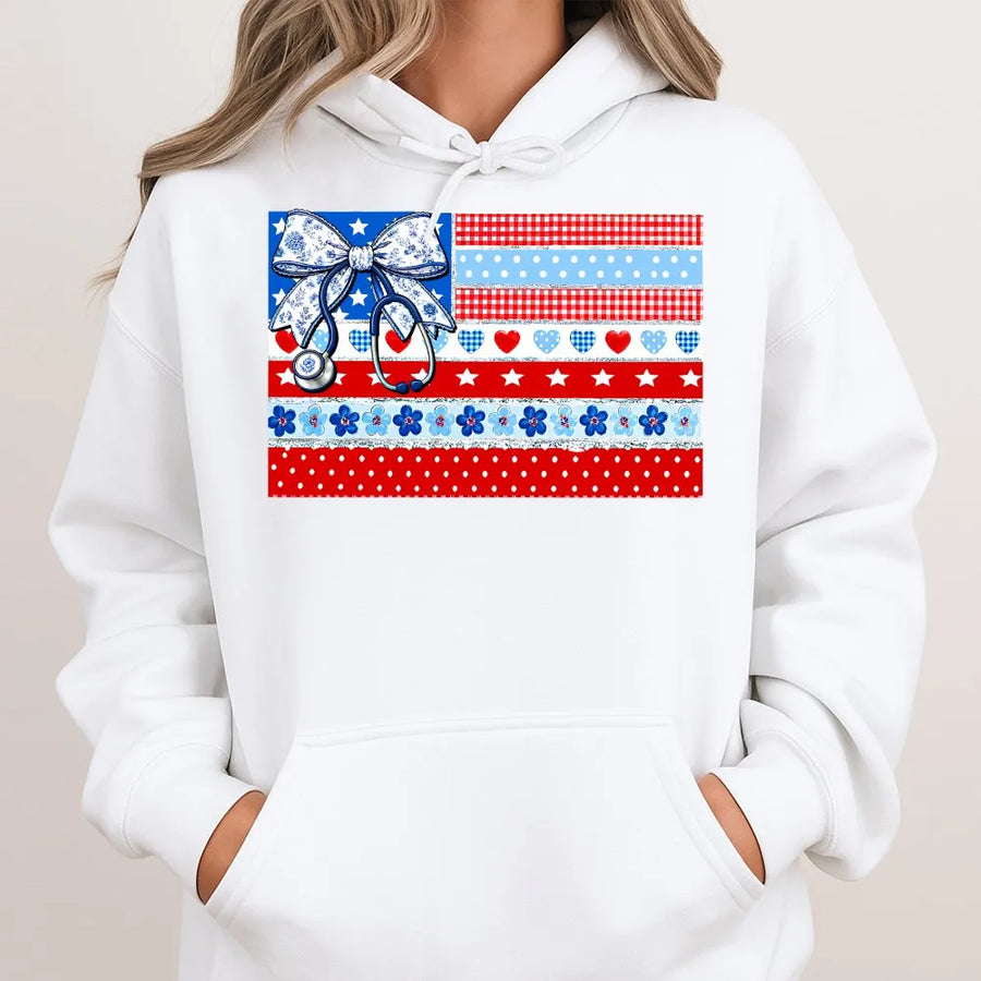 Patriotic Nurse Hoodie | American Flag Coquette Bow Graphic | Soft Cotton Blend Sweatshirt | 4th of July Gift for RN LPN