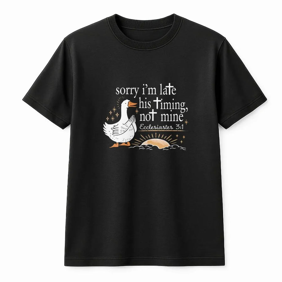 Christian Goose T-Shirt | Funny Bible Verse 'His Timing Not Mine' | Premium Comfort Colors Cotton Tee | Religious Faith Based Gift for Women
