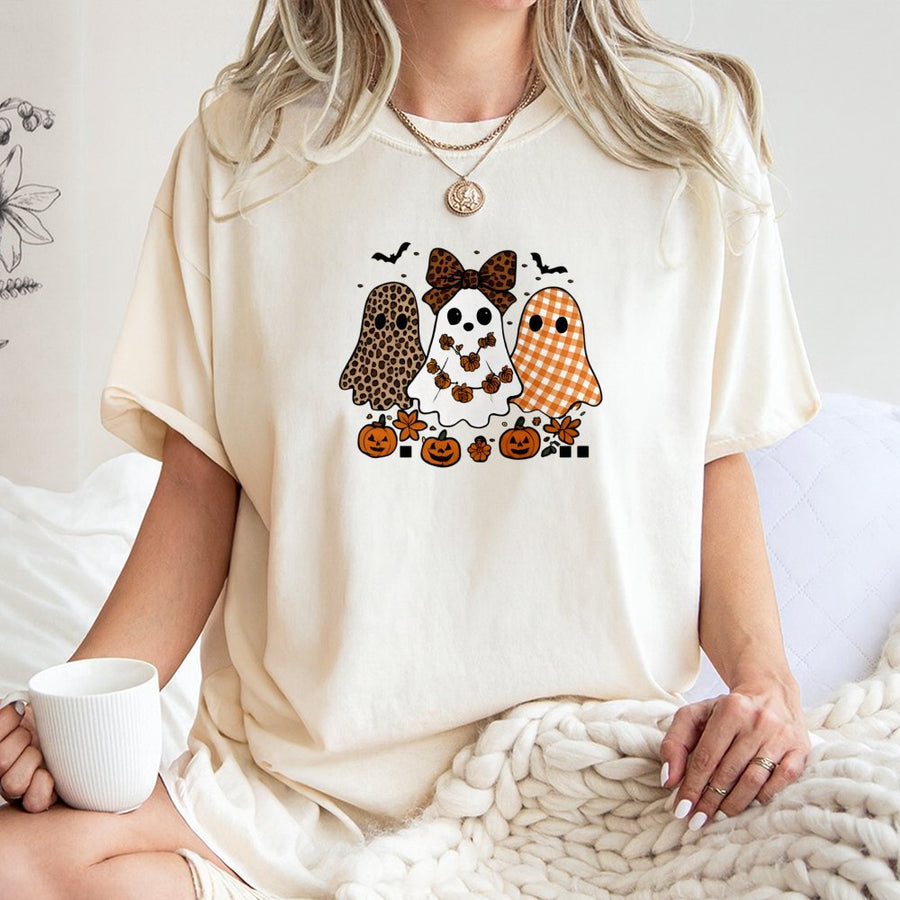 Ghost Trio Halloween T-Shirt | Leopard Gingham Bow Graphic | Premium Soft Cotton | Cute Fall Pumpkin Apparel for Women