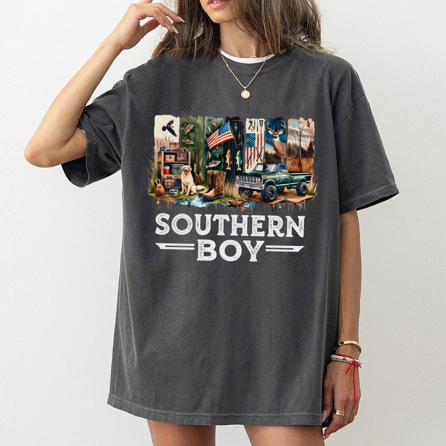 Southern Boy Hunting T-Shirt | Retro Outdoors Graphic With Deer, Dog, And Truck | Premium 100% Cotton | Country Lifestyle Gift For Him