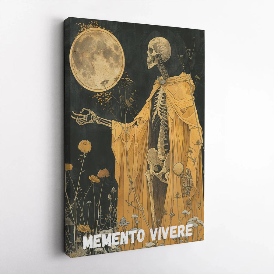 Memento Vivere Skeleton Canvas Art | Gothic Moon And Floral Design | Premium Gallery-Wrapped Print | Dark Academia Home Decor Gift