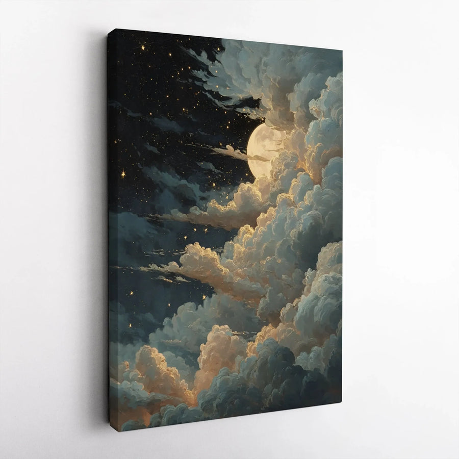 Full Moon Night Sky Canvas Wall Art | Celestial Cloud Painting | Premium 1.25" Gallery Wrap | Dreamy Bedroom Decor Gift