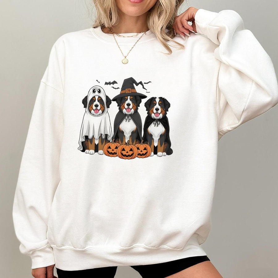 Bernese Mountain Dog Halloween Sweatshirt | Cute Ghost Witch Dog Graphic | Premium Cotton Blend Crewneck | Spooky Season Gift for Dog Lovers