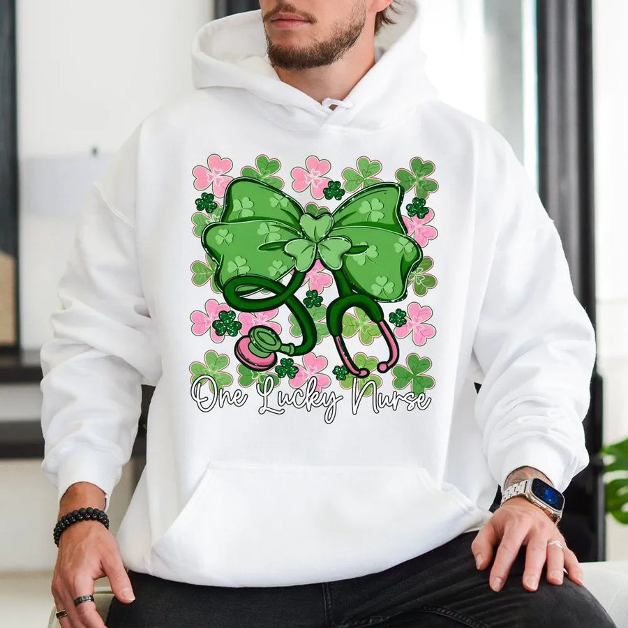 One Lucky Nurse Hoodie | St Patrick's Day Stethoscope Shamrock Bow Graphic | Premium Cotton Blend | Nursing Student RN Gift