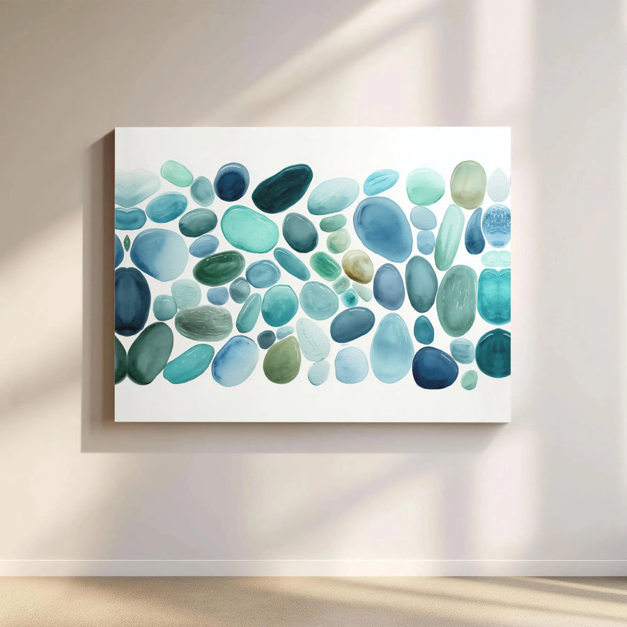 Coastal Pebbles Canvas Wall Art | Abstract Watercolor Sea Glass Painting | Premium Gallery Wrapped Canvas | Modern Minimalist Home Decor Gift