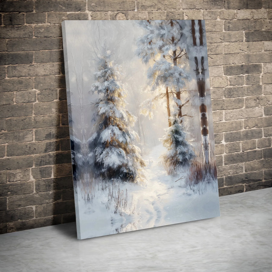 Snowy Winter Forest Canvas | Sunlit Pine Tree Wall Art | Premium Fade-Resistant Gallery Print | Serene Nature Home Decor Gift