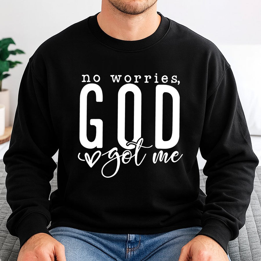 No Worries God Got Me Sweatshirt | Christian Faith Graphic Crewneck | Premium Cotton-Poly Blend | Religious Gift for Men and Women