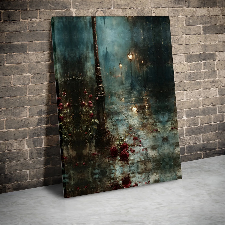 Rainy City Street Canvas Print | Impressionist Lamppost and Red Roses Art | Premium Gallery Wrapped Wall Decor | Atmospheric Home Gift