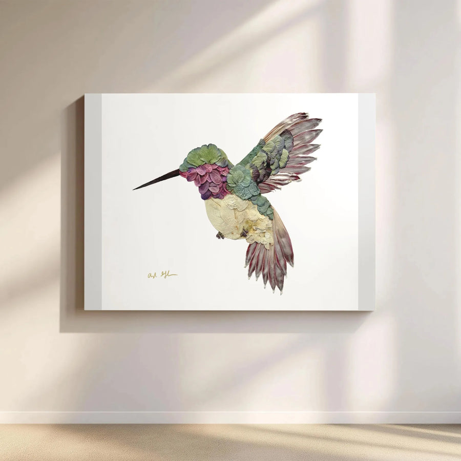 Hummingbird Wall Art Canvas | Pressed Flower Petal Design | Gallery Wrapped 1.25" Thick | Premium Gift for Nature Lovers
