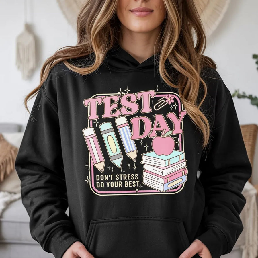 Test Day Teacher Shirt | Retro Groovy 'Don't Stress Do Your Best' Graphic Tee | Soft Cotton Hoodie | Gift for Testing Coordinator or Educator