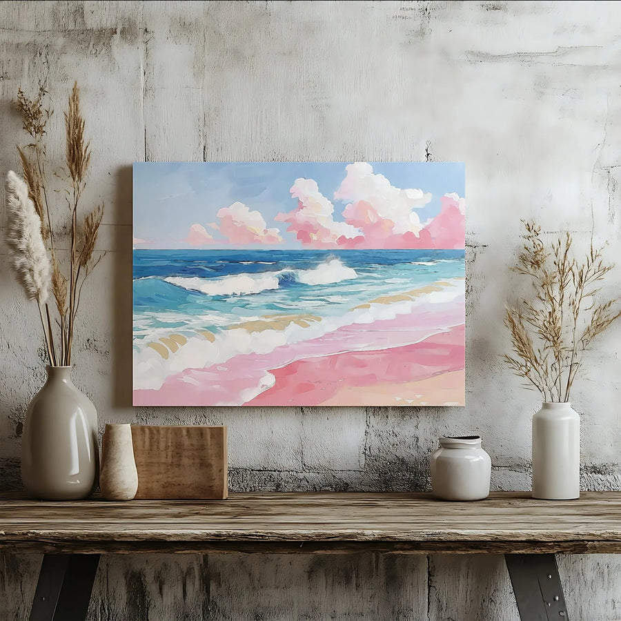 Pink Sand Beach Canvas Wall Art | Aesthetic Ocean Painting Print | Premium Gallery Wrapped Canvas | Coastal Bedroom Decor Gift