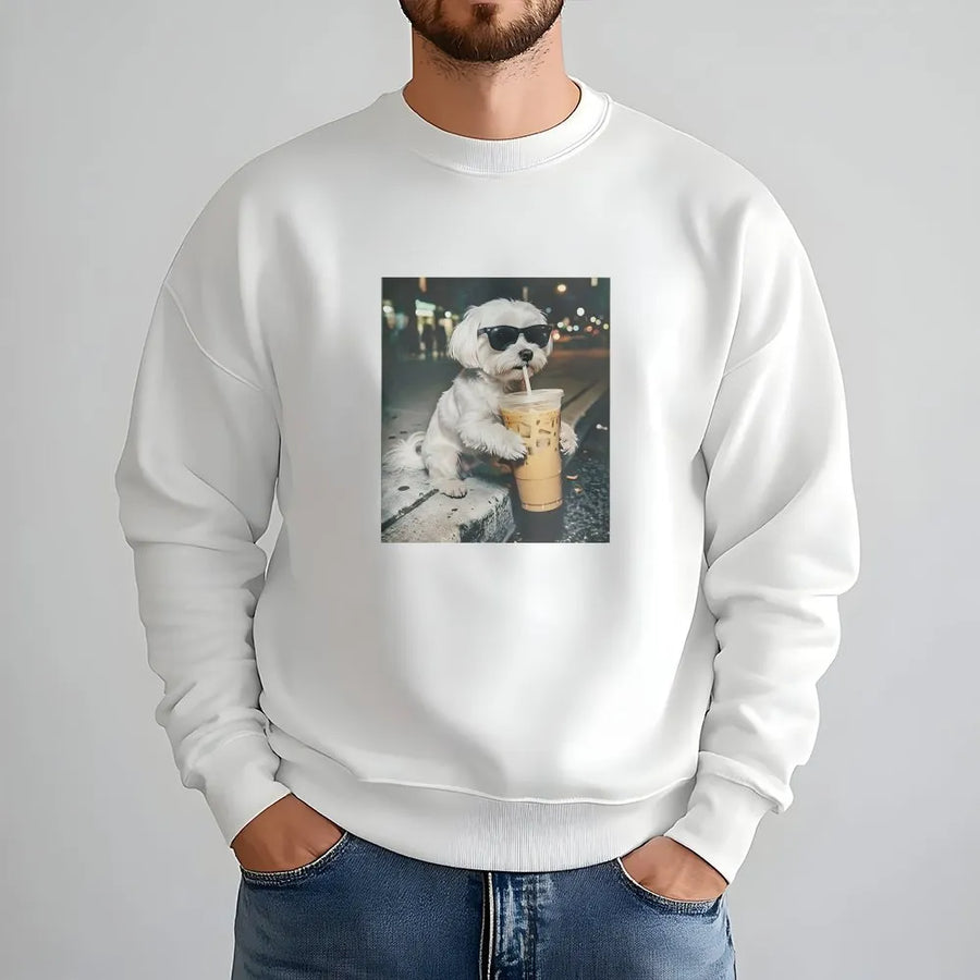 Funny Maltese Dog Sweatshirt | Dog with Sunglasses Drinking Coffee | Soft Unisex Pullover | Premium Gift for Dog Mom & Coffee Lover