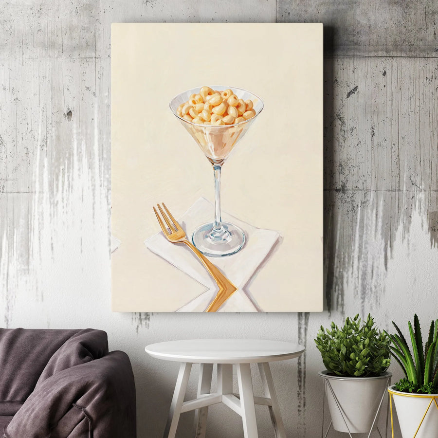 Macaroni And Cheese Martini Glass Canvas Wall Art | Surreal Foodie Still Life Painting | Premium Gallery Wrapped Decor | Unique Kitchen Dining Room Gift