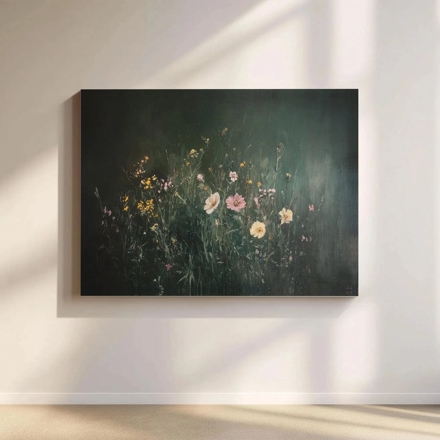 Moody Wildflower Meadow Canvas Print | Dark Botanical Wall Art | 1.25-Inch Gallery Wrap | Atmospheric Floral Decor for Modern Home