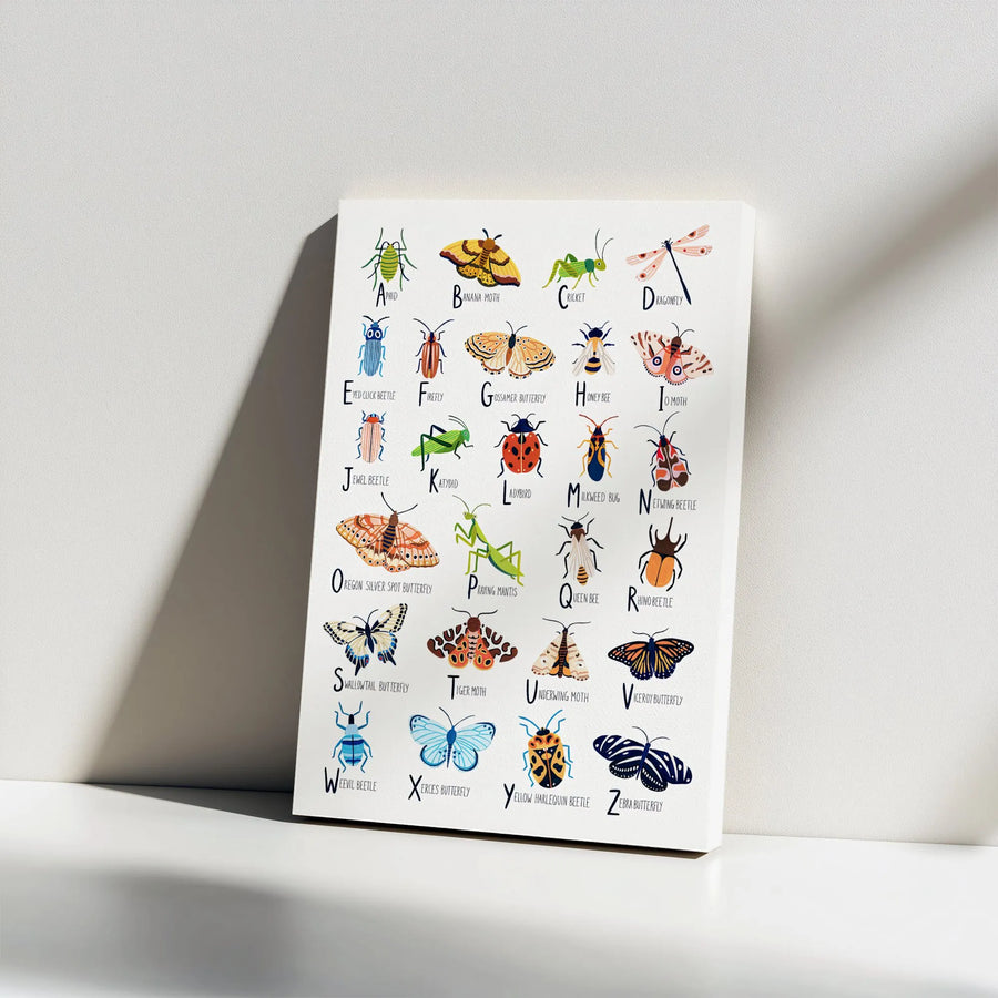 Insect Alphabet Canvas Wall Art | Educational Bug and Butterfly Chart | Gallery Wrapped Premium Print | Nursery Decor Gift for Kids and Science Lovers