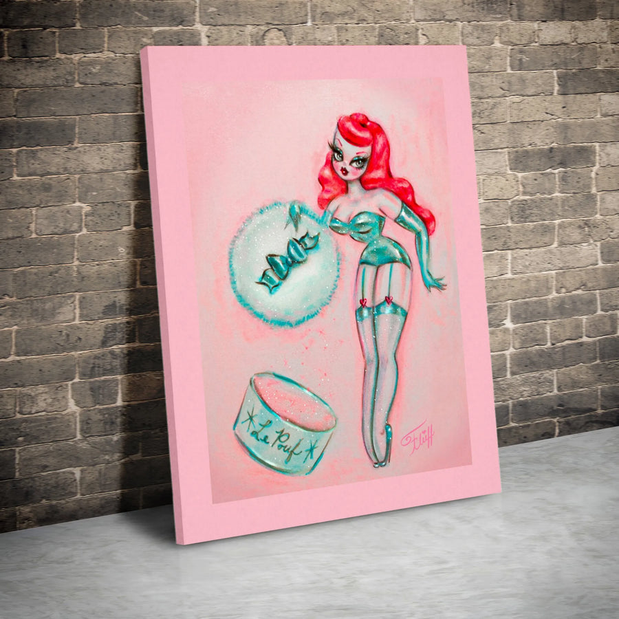 Pin-Up Girl Wall Art | Vintage Style Redhead With Powder Puff | Premium Gallery Canvas | Retro Bedroom Decor Gift