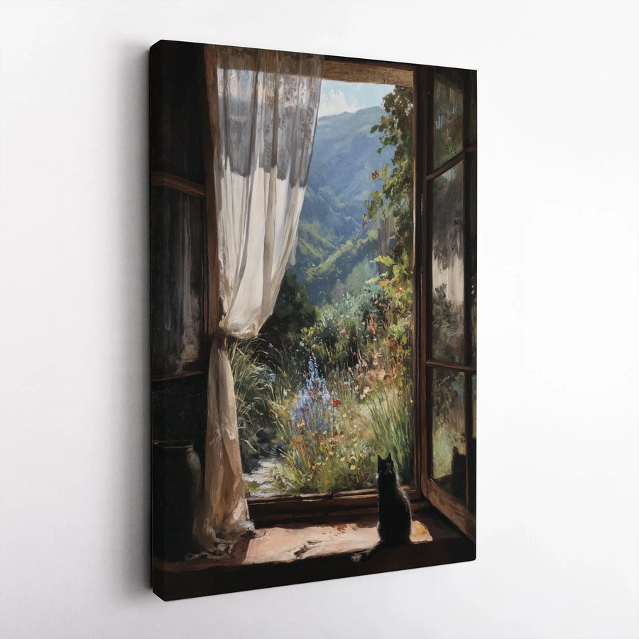 Black Cat at Window Canvas Print | Impressionist Garden Landscape Wall Art | Premium Gallery Wrapped Canvas | Cozy Home Decor Gift for Cat Lovers
