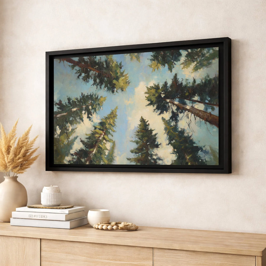Pine Forest Wall Art | Looking Up Through Tall Evergreen Trees Canvas | Gallery-Wrapped Premium Print | Nature-Inspired Home Decor Gift