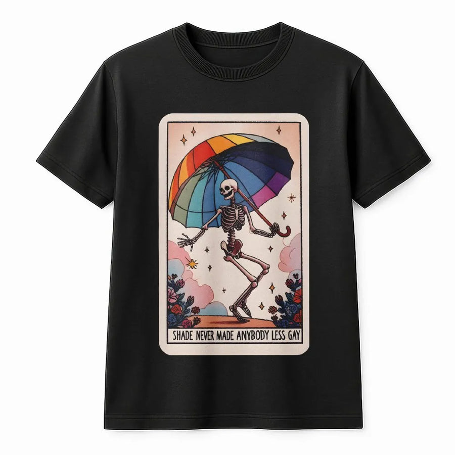 Rainbow Pride Tarot Card T-Shirt | Dancing Skeleton with Rainbow Umbrella | Premium Cotton Graphic Tee | LGBTQ Pride Month Gift Apparel