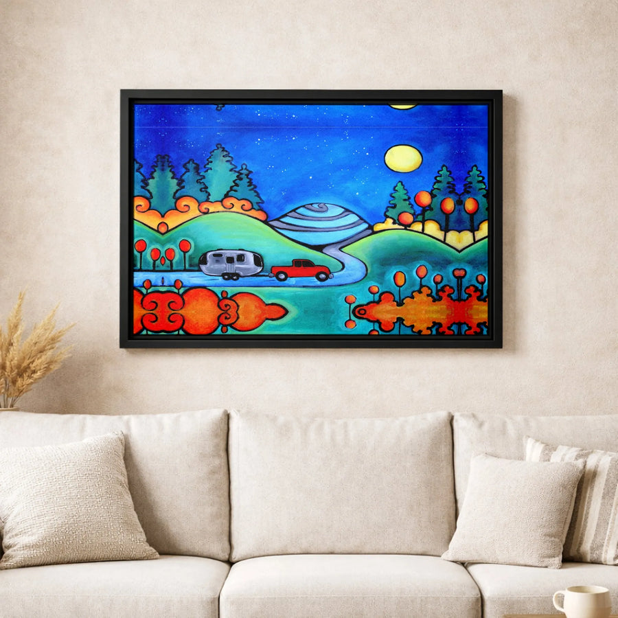 Folk Art Landscape Canvas Wall Art | Whimsical Red Truck And Camper Trailer | Premium Fade-Resistant Print | Unique Gift For Nature Lovers