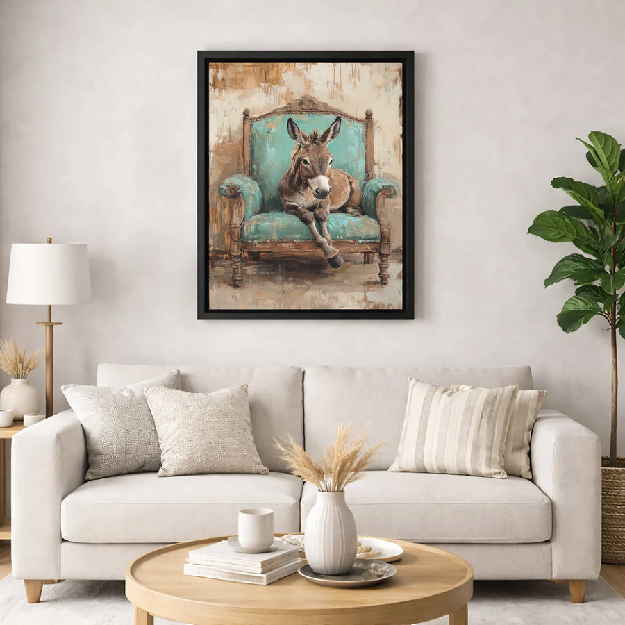 Donkey Wall Art | Vintage Turquoise Armchair Oil Painting | Premium Gallery-Wrapped Canvas | Whimsical Farmhouse Home Decor