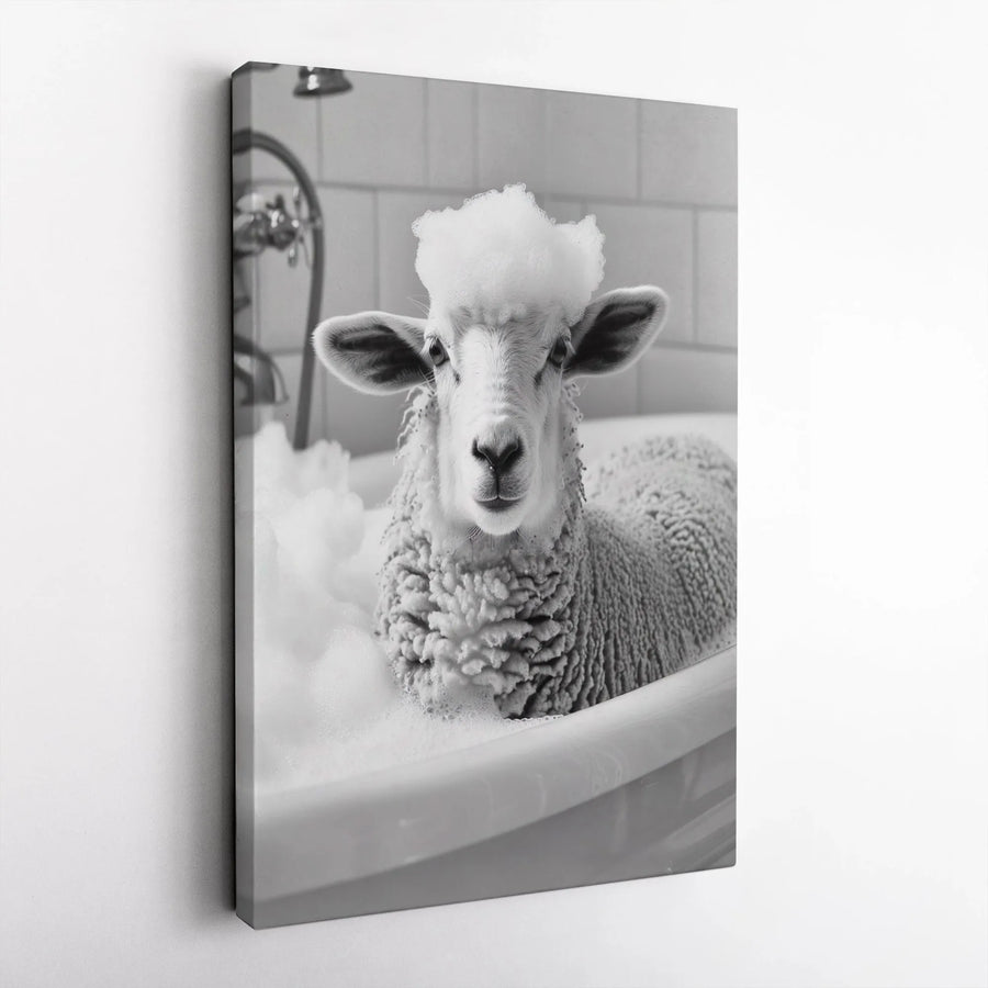 Sheep In Bathtub Wall Art | Funny Farmhouse Bathroom Decor | Premium Gallery Wrap Canvas | Unique Animal Lover Gift