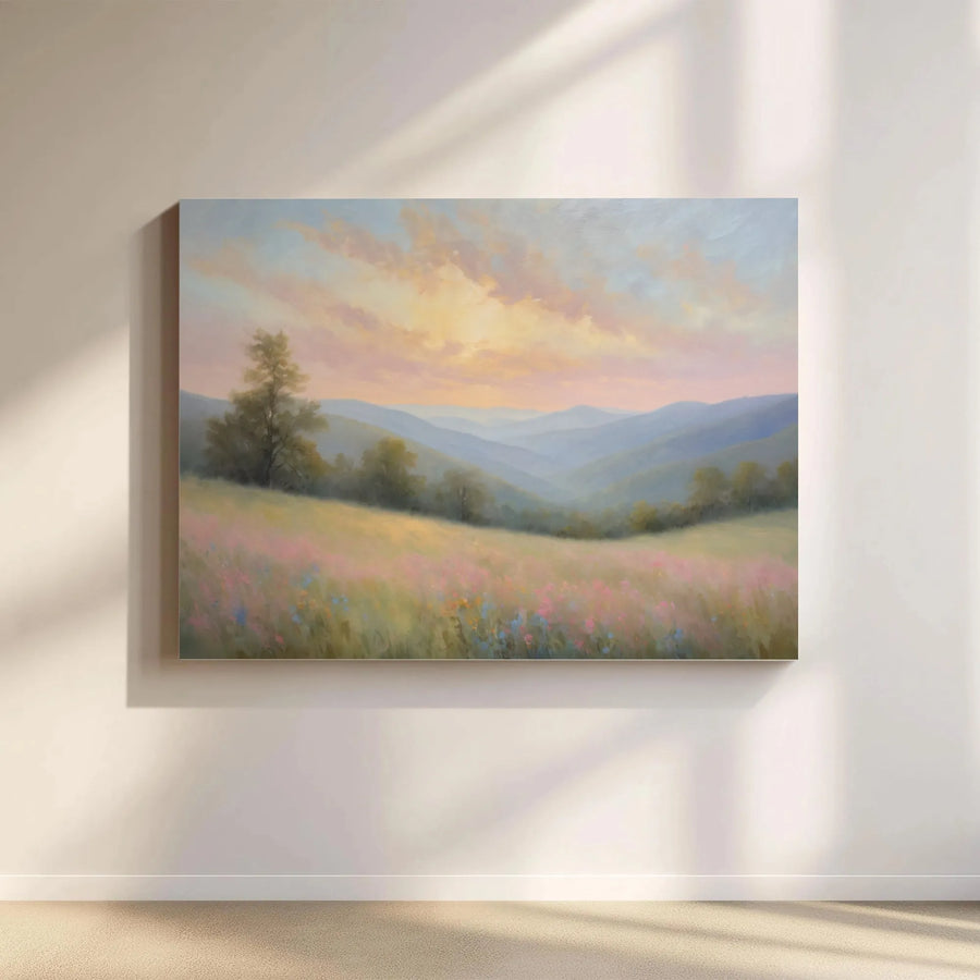 Mountain Landscape Wall Art | Pastel Sunset Over Wildflower Field | Premium Canvas Print | Living Room Decor Gift