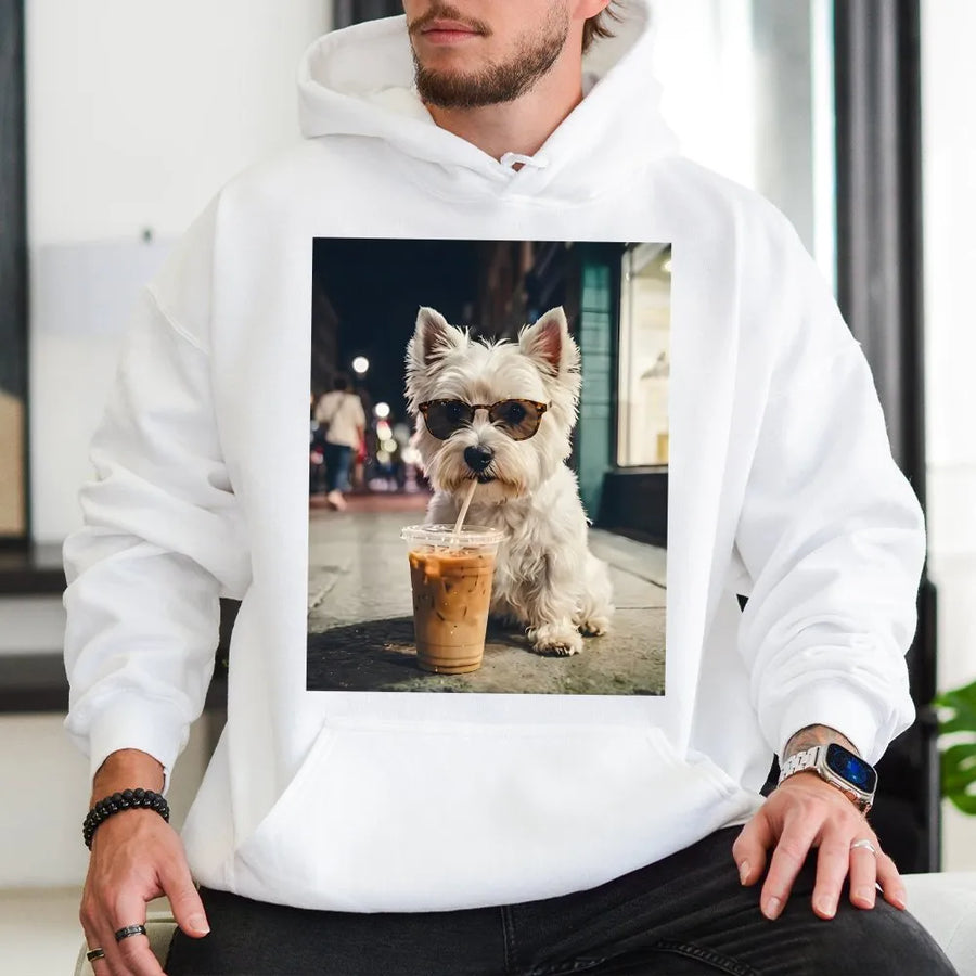 Westie Dog Hoodie | Dog Wearing Sunglasses Drinking Iced Coffee | Cozy Graphic Pullover | Unisex Gift for Westie Owner