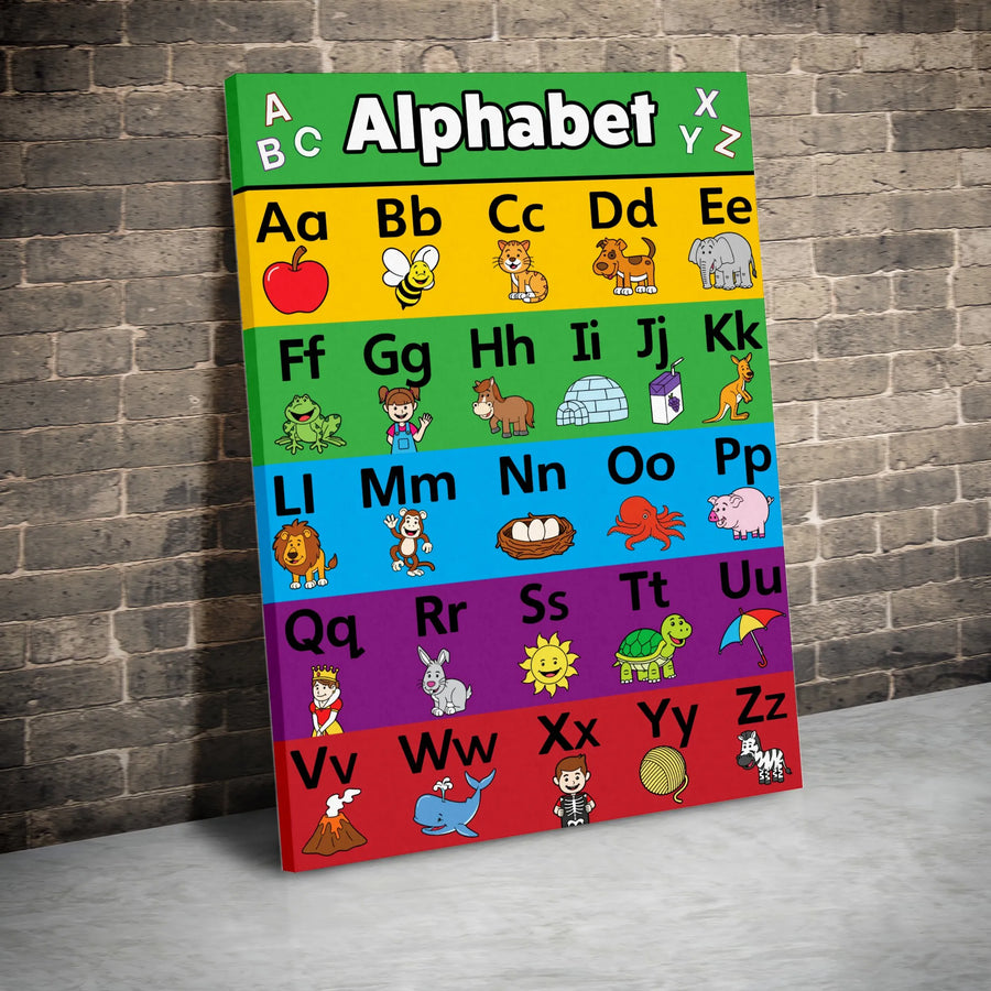 Educational Alphabet Vertical Canvas | Colorful Cartoon Animals & Objects | Premium Gallery Wrapped Art | Nursery Room Decor Gift for Toddlers
