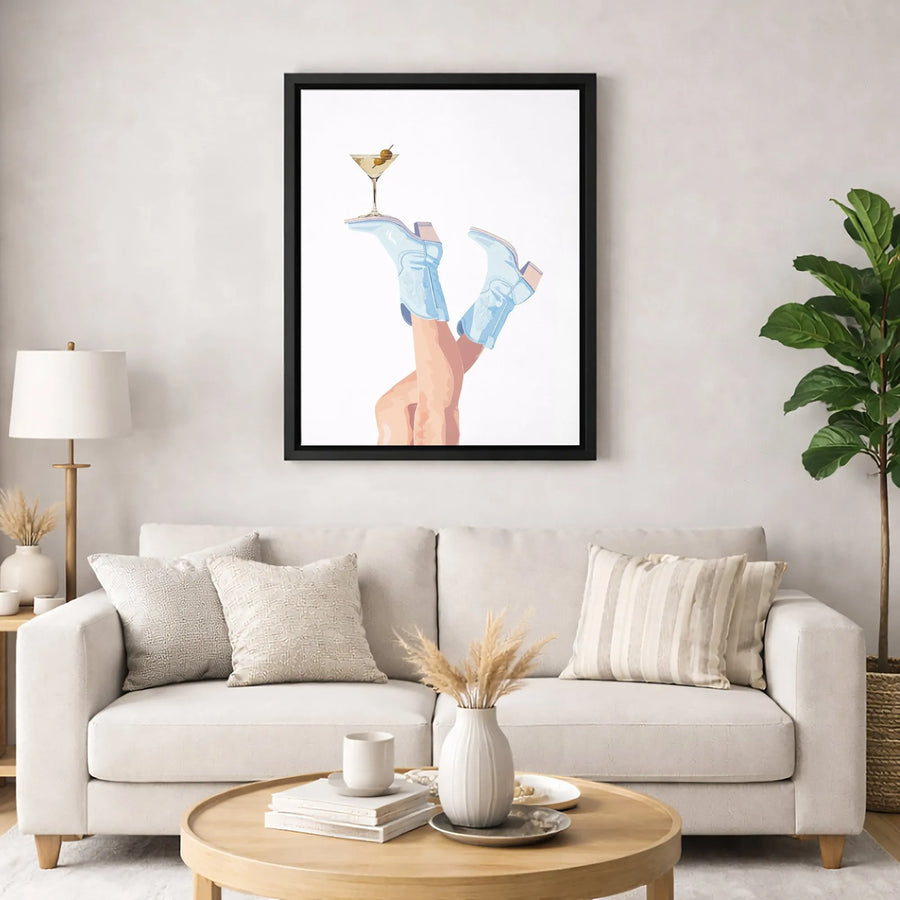 Blue Cowboy Boots Martini Canvas Print | Whimsical Western Bar Decor | Premium Fade-Resistant Wall Art | Chic Country Chic Gift for Her