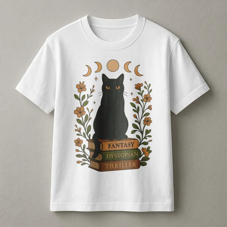 Black Cat Book Lover T-Shirt | Witchy Celestial Floral Graphic Tee | Premium Cotton Soft Shirt | Cute Gift for Librarian Reader Bookworm