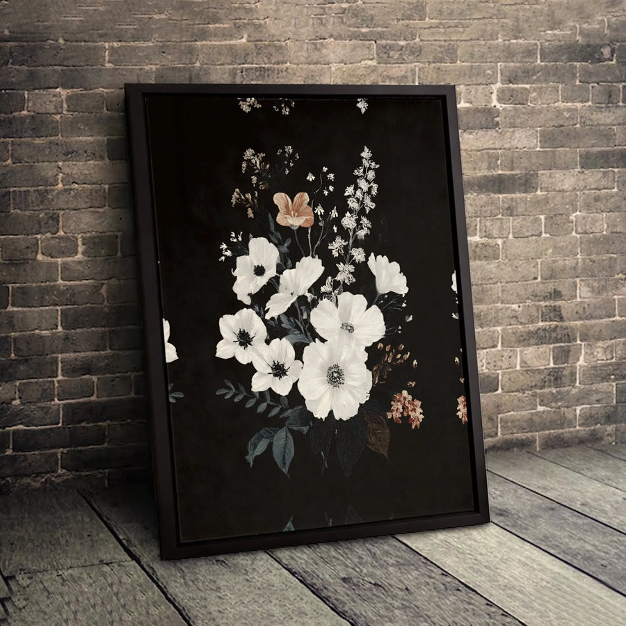 Moody Botanical Canvas Art | White Floral Bouquet on Black Background | Premium Fade-Resistant Gallery Wrap | Elegant Home Decor Gift