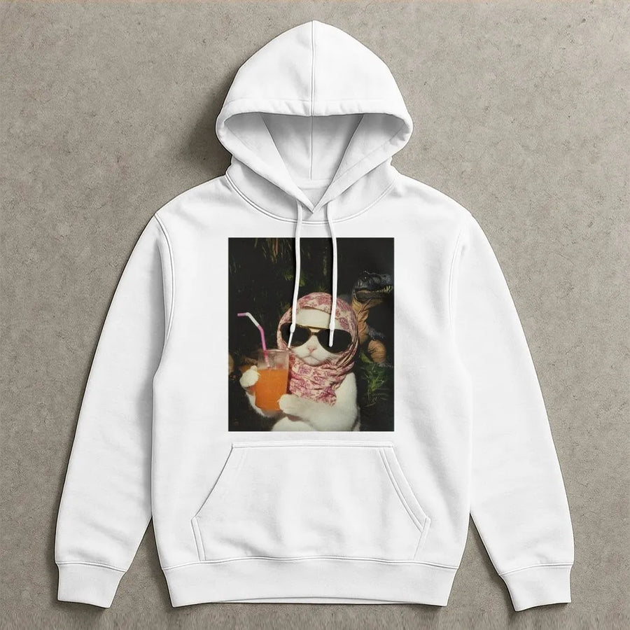 Chill Girl Cat Meme Hoodie | Funny Babushka Cat With Dinosaur Graphic | Premium Soft Cotton Blend | Trendy Streetwear Gift For Gen Z