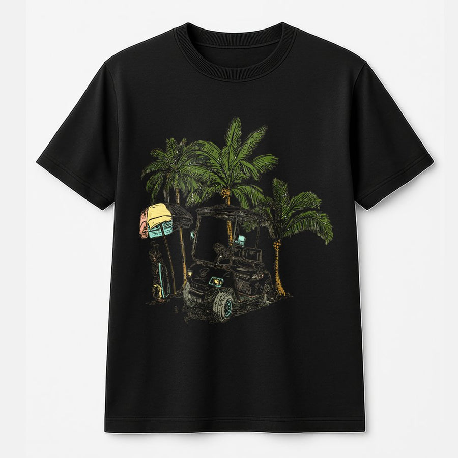 Tropical Golf Cart T-Shirt | Hand-Drawn Palm Tree Graphic | Premium 100% Cotton Tee | Gift for Golfers & Beach Lovers