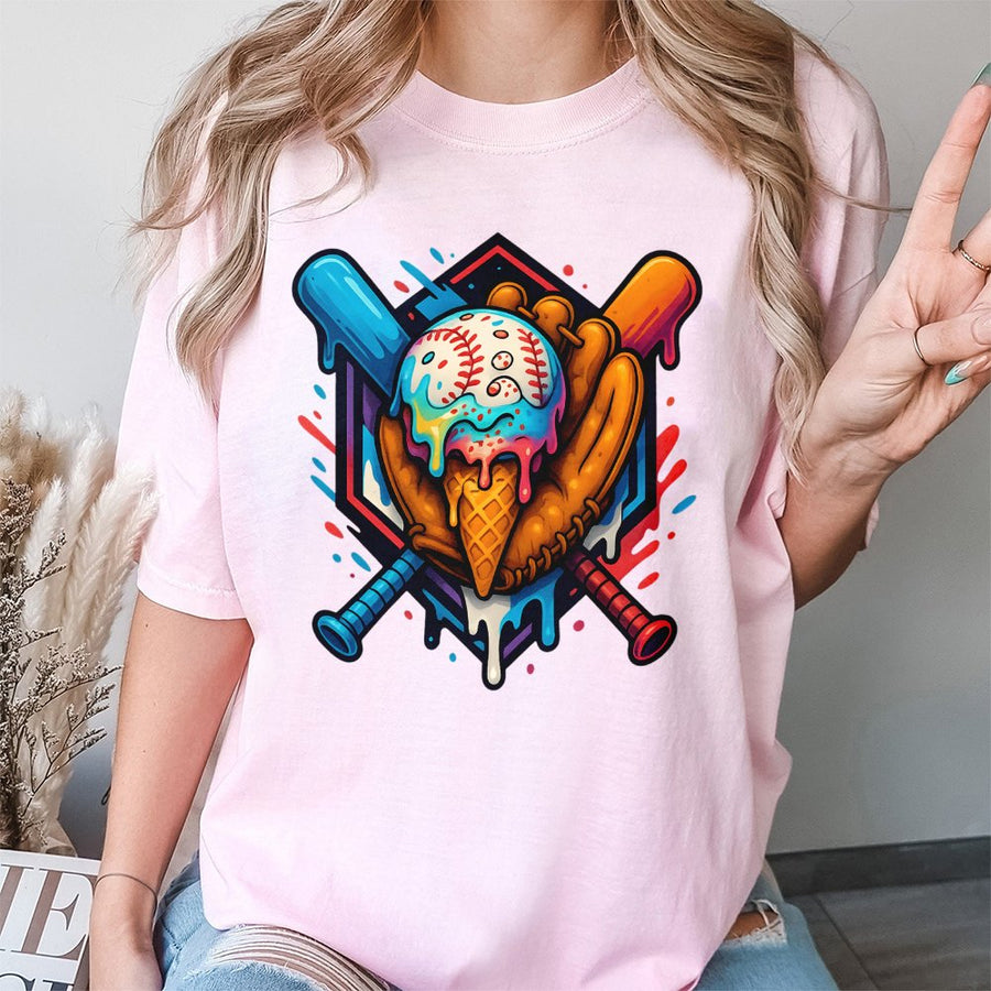 Baseball Ice Cream Drip T-Shirt | Colorful Sports Graphic Design | 100% Cotton Premium Tee | Unique Baseball Fan Gift for Adults and Kids