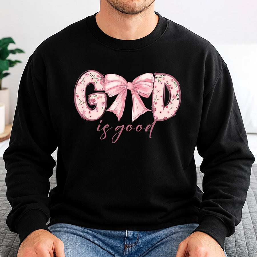God Is Good Sweatshirt | Floral Bow Christian Graphic Print | Premium Cotton-Blend Crewneck | Faith-Based Religious Gift for Women
