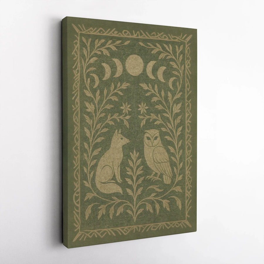 Fox and Owl Moon Phase Canvas Wall Art | Woodland Folk Art Illustration | Premium Gallery Wrap Print | Nature Inspired Home Decor Gift